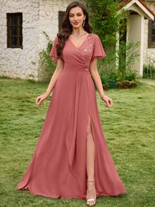 MIUSOL V-Neck Sequin Floral Lace Patchwork Chiffon Ruffle Sleeve Side Slit Maxi Evening Party Dress Spring Wedding - Dusty Pink - View 6
