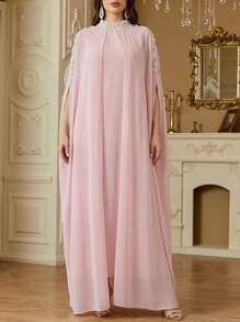 Solessence 女士立领纯色二合一拼接开襟雪纺连衣裙，饰有刺绣、亮片和串珠，优雅长款阿拉伯风格连衣裙，适合宴会、日常穿着及更多场合。 - 粉色 - 查看 1