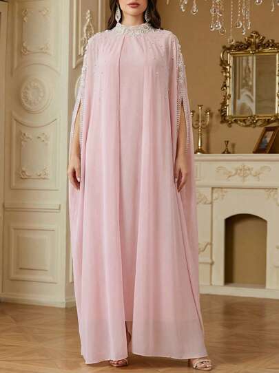 Solessence Vestido de gasa con cuello alto, unicolor, 2 en 1, con empalme de apertura frontal, decoraciones de bordado, lentejuelas y cuentas, elegante vestido de estilo árabe largo para banquetes, uso diario y talla grande ocasiones