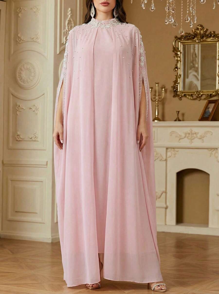 Solessence 女士立领纯色二合一拼接开襟雪纺连衣裙，饰有刺绣、亮片和串珠，优雅长款阿拉伯风格连衣裙，适合宴会、日常穿着及更多场合。 - 粉色 - 查看 1