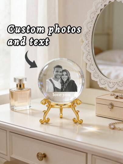 1 pieza Bola de cristal personalizada con soporte de metal dorado - Foto y texto personalizados grabados en 3D con láser en bola de cristal - Decoración moderna para dormitorio y sala de estar - Regalo perfecto para amigos, familia y colegas - Cumpleaños, aniversario u ocasión especial, decoración de habitación