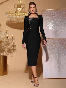 Modphy New Rhinestone Beaded Bandage Tight Square Neck Long Bandage Dress, Women's Formal Wedding Evening Party Gown, For Wedding Guest Spring Black - Black - View 2