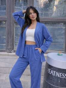 Conjunto de chaqueta de tejido con abertura frontal y pantalones para mujer - Azul - Ver 1