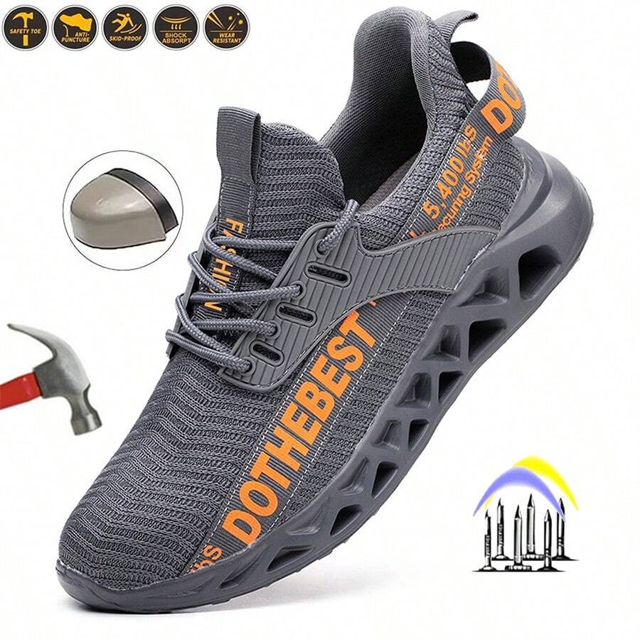 manlegu Grey Indestructible Work Sneakers For Men Women Steel Toe Anti-Smash Puncture Proof Breathable Lightweight Safety Shoes For All Seasons