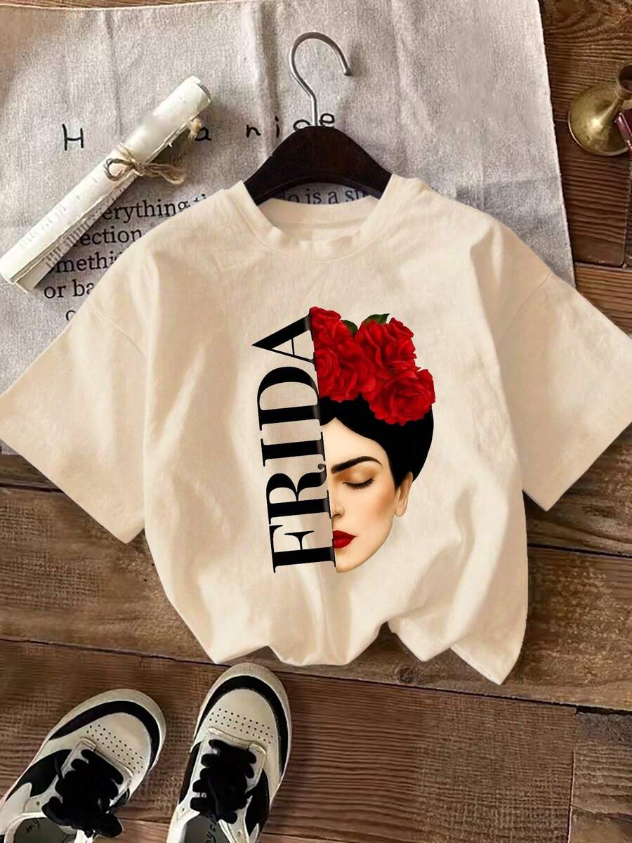 Yuega Tshrit 1pcPlus Size - Plus Size - Elegant Women'S T-Shirt| Artistic Style Side Portrait With Red Floral And "FRIDA" Print, Summer New Short Sleeve, Crew Neck, Slight Stretch FabricSummer Clothing Tops - 杏色 - 查看 1