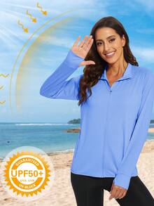KEFITEVD 女士 UPF 50+ 轻便运动夹克 防晒 全拉链长袖衬衫 远足户外口袋 - 藍色 - 查看 4
