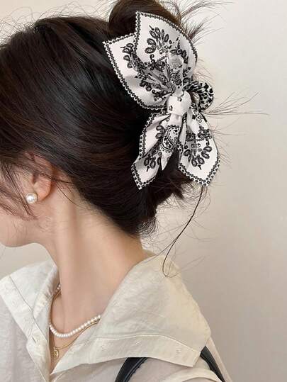1pc French Elegant Paisley Pattern Bohemian Bow Hair Claw Clip, Suitable For Thick Hair, New Design Hair Accessory For Women
