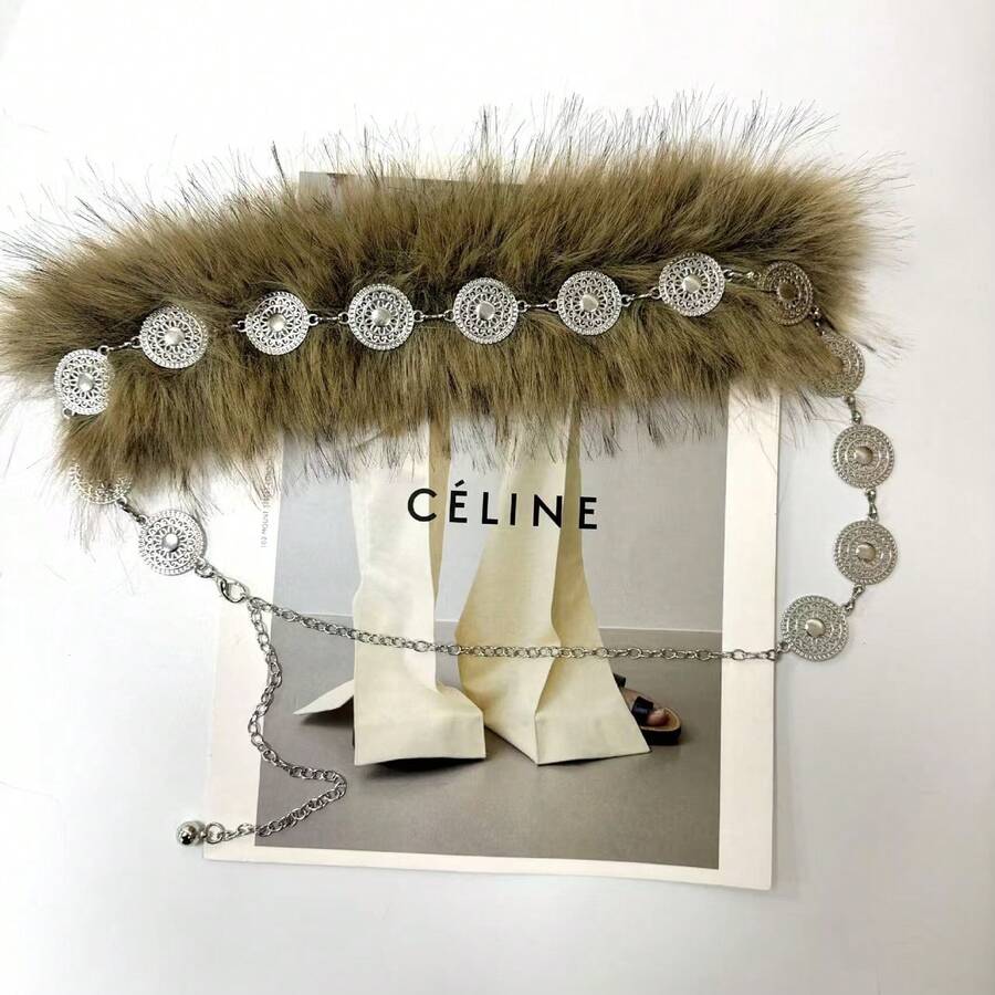 新款蓬松Y2K复古D.I.A仿皮草腰链，多层高端 - 深金色 - 查看 1