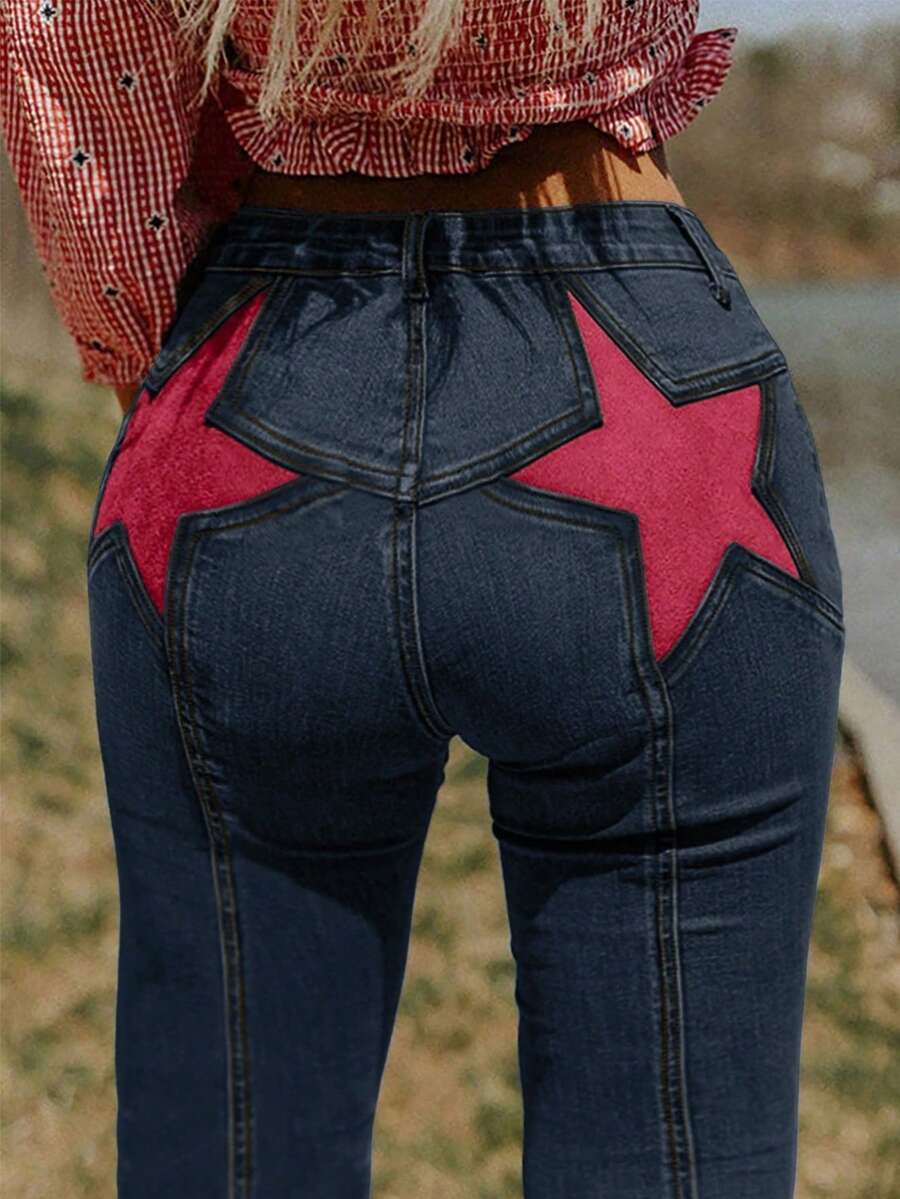 宽松版型 Y2K 风格星形印花高腰直筒牛仔裤，90 年代复古宽松牛仔裤，女士春季街头休闲裤 - 舊深藍 - 查看 1