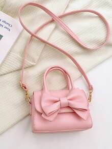 1个粉色荔枝纹理3D蝴蝶结亮面PU皮革小手提包，磁扣开合，甜美风格单肩/斜挎包，适合日常使用 - 粉色 - 查看 3