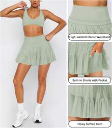 Women's Mini Skirt Skort Flowy Pleated High Waisted Ruffle Tennis Skirts For Women Athletic Skater Golf With Shorts Pockets - Green - View 4