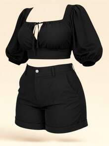 Plus Size Set: Adjustable Cropped Top + Comfortable High-Waisted Shorts - Women's Summer Fashion - Sizes 46 To 56 - 黑色 - 查看 2