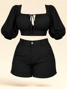 Plus Size Set: Adjustable Cropped Top + Comfortable High-Waisted Shorts - Women's Summer Fashion - Sizes 46 To 56 - 黑色 - 查看 4