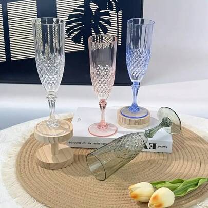 3pcs Rhombus Pattern Champagne Glasses, Anti-Slip Reusable Stemware, Suitable For Events, Parties, Hotels, Bars, Restaurants, Weddings, Anniversaries, Holidays
