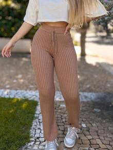 Women's Wide-Leg Pants, Ribbed Modal Knit, High-Waisted, Casual, Autumn/Winter. - Nude - View 2