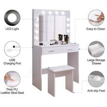 White Dressing Table Set With LED Lights Mirror, Vanity Makeup Table 2 Large Drawers And Stool - White - View 3