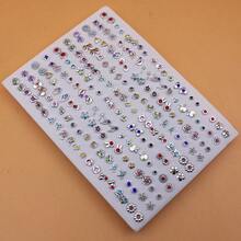 100 Pairs Assorted Fashion Rhinestone Plastic Stud Earrings Set, Minimalist Versatile Silver Color, Sponge Packaging Without Box - Silver Colored Diamonds Without Box - View 5