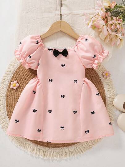 Baby Girls' Fashion Minimalist Bow Decor Ruffle Collar Petal Sleeve Butterfly Print Mini Princess Dress, Summer
