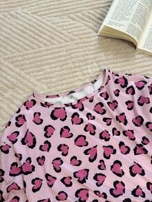 2 pièces Ensemble de pyjama femme à manches longues imprimé, col rond, avec short à taille élastique, confortable - Rose bonbon - Voir 6