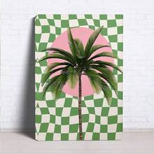 1幅复古风格帆布墙画，粉色和绿色棕榈树搭配格子图案，展现加州夏季热带风情，融合90年代和Y2K的优雅美学，适合作为节日礼物或卧室装饰，不含画框。 - 彩色 - 查看 5