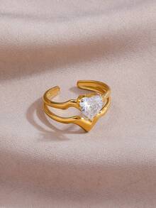 1枚时尚奢华不锈钢不对称几何立方氧化锆戒指，适合日常佩戴、派对、生日、订婚等场合。 - 金色 - 查看 7