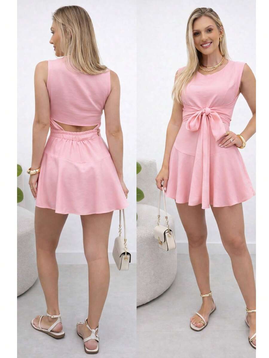 Women's Tailored Jumpsuit Dress, Elegant, Fluffy, Asymmetrical Knot, Cutout/Cut-Out, Evening Dress With Tie Detail - 羅莎 - 查看 1