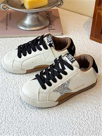 Kids' Glitter PU Leather Star Pattern Breathable Flat Sole Shoes, Children's Anti-Slip Casual Sports Sneakers, Versatile For Outdoor, Travel, School, Basketball, Suitable For All Seasons