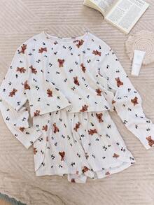 Nina Bonheur Bộ đồ ngủ 2 món dành cho nữ: Áo dài tay cổ tròn và quần short cạp chun. - trắng - Xem 3