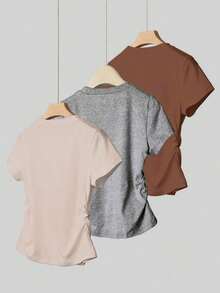 A Simple Solid-Color Short-Sleeved T-Shirt Set For Women, Suitable For Daily Wear And Easy To Match With Various Outfits. Includes 1 Piece - Aneka warna 12 - View 2