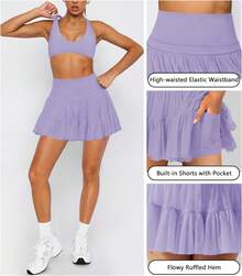 Women's Mini Skirt Skort Flowy Pleated High Waisted Ruffle Tennis Skirts For Women Athletic Skater Golf With Shorts Pockets - Purple - View 4