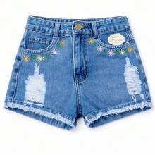 Casual Party Denim Shorts With Zipper, Button Closure, Floral Pockets, And Summer Vacation Print. - Xanh đậm - Xem 3