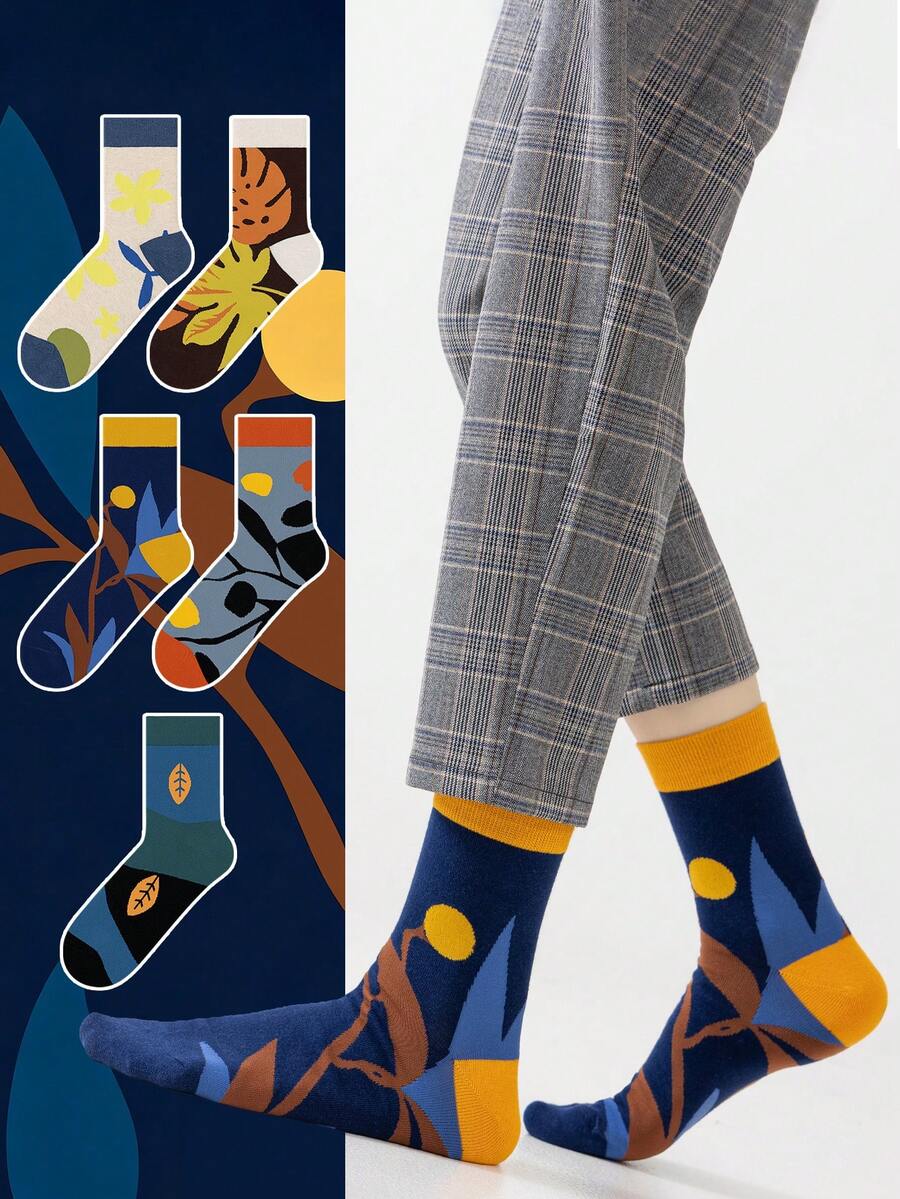 1/5 Pairs Unisex Couple Plant Leaf Graphic Art Design Breathable Cotton Crew Socks, Suitable For Travel, Home, Office, Holidays, Gift - Multicolor - View 1