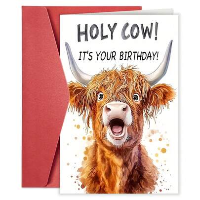 1pc Funny Highland Cow Birthday Card - Humorous "HOLY COW!" Design, Animal Lover Gift For Him/Her, Friends & Family - Premium Cardstock With Comfortable Touch