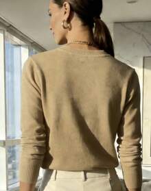 WOMEN'S LONG SLEEVE KNITTING BLOUSE WINTER BASIC ROUND NECK SWEATSHIRT - Màu be - Xem 2