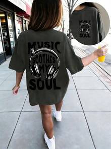 Tween 女童休闲图案印花圆领短袖 T 恤，夏季上衣 - 深灰色 - 查看 1