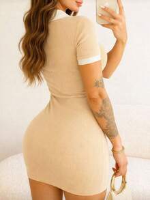 Women's Two-Tone Polo Dress, Elegant Short-Sleeve Bodycon Style - 米白色領 - 查看 3