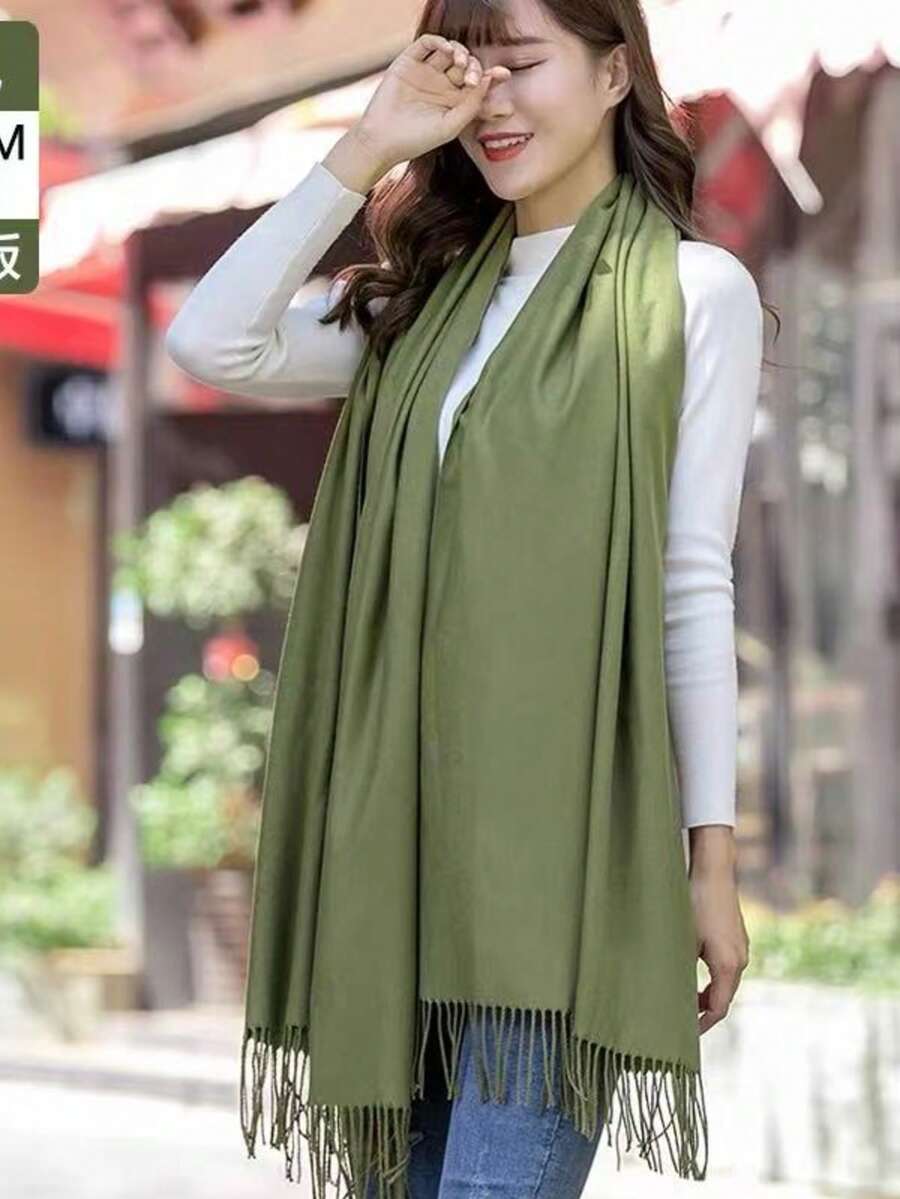 MilyModa Women's Faux Cashmere Scarf, Thin Winter Scarf, 150g With Fringe - Verde musco - Xem 1