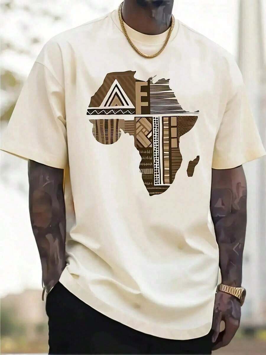 Camiseta de manga corta para hombre con estampado de mapa de África, cuello redondo, diseño único y moderno, estilo urbano informal, estilo hip hop, tela cómoda, 100% algodón, para primavera y verano. - Blanco - Ver 1