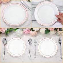 Bộ đĩa tráng miệng 7,5 inch / đĩa ăn chính 10,25 inch, đế trắng viền vàng hồng, phù hợp cho nhiều dịp từ những buổi họp mặt thân mật đến những bữa tiệc lớn. Cho dù bạn tổ chức bữa tối trang trọng hay bữa tiệc ngày lễ thân mật, bộ đĩa này đều có thể nâng tầm trải nghiệm ăn uống và tạo thêm không khí lễ hội cho bàn ăn của bạn. - Nhiều màu - Xem 12