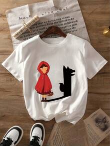 女士经典小红帽图案T恤，小红帽的影子被故事中的大灰狼取代。圆领短袖休闲T恤，适合春、夏、秋季穿着，白色。 - 白色 - 查看 6