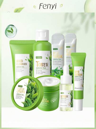 FENYI 芬怡绿茶护肤套装（绿茶泥面膜5克、绿茶洁面霜50克、绿茶爽肤水100毫升、绿茶精华霜40克、绿茶睡眠面膜3克、绿茶精华液17毫升、绿茶眼部精华液15毫升），收缩毛孔护肤礼盒，适合所有肤质，旅行必备