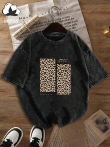 Women's Casual Vintage Washed T-Shirt, Leopard Print Patchwork Numeric Logo Decor Round Neck Short Sleeve Loose Tee, Suitable For Outings, Summer, Vacation, Plus Size Black - Black - View 2