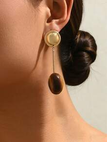 1 Pair Fashionable Tiger Eye Stone Geometric Pendant Earrings, Versatile Jewelry For Women To Wear Daily, Commuting, Dating, Casual Outings, Traveling, And Socializing - Multicolor - View 2