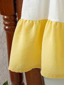 Young Girls' Fashion Dual-Color Patchwork Bowknot Decor Sleeveless Layered Cake Dress, Casual A-Line Sundress Suitable For Beach Vacation - Yellow - View 4