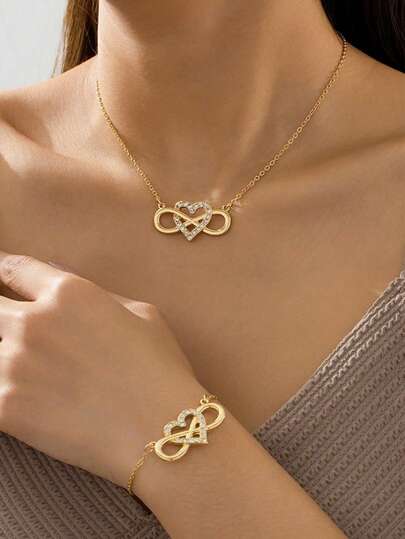1 Set de Joyería Elegante y Lujosa con Colgante de Corazón de Infinito con Strass y Pulsera (Sin Caja de Regalo)