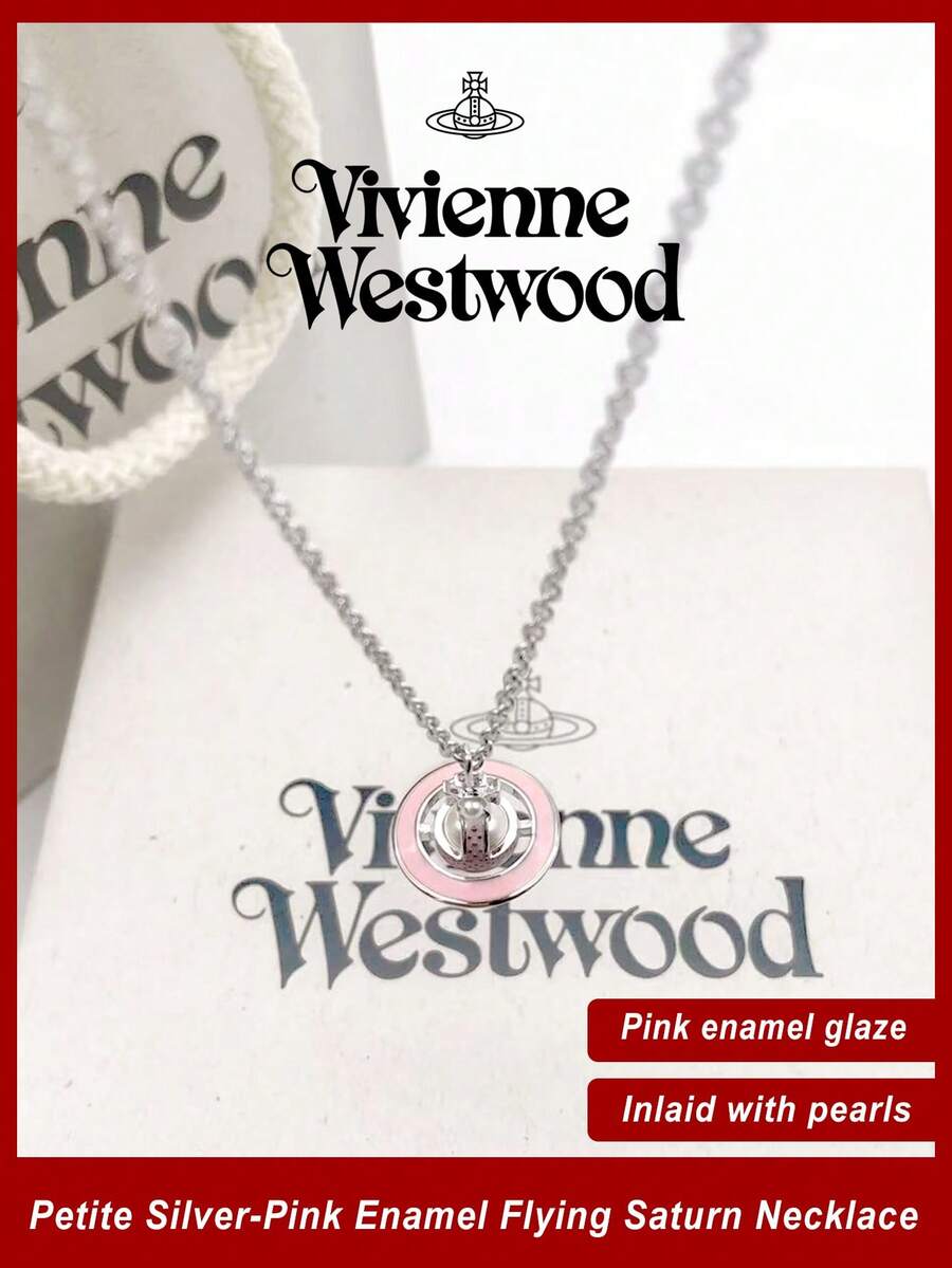 Vivienne Westwood Simonetta 系列银粉色珐琅飞行员项链，银色，黄铜 - 銀色 - 查看 1