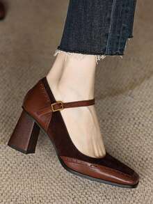 Women's High Heel Thick Sole Single Strap Sandals, French Elegant Style, Available In Burgundy, Graceful And Fashionable - Burgundy - View 15