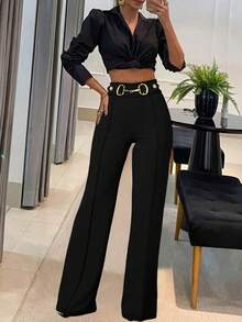 Quần ống đứng màu trơn có khóa kéo dành cho nữ, thanh lịch, phù hợp cho công sở và đi làm, màu đen mùa xuân. - màu đen - Xem 4