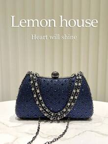 1pc Navy Blue Sparkling Rhinestone Clutch Bag, Luxury Elegant Box-Shaped Purse, Suitable For Evening Party, Wedding, Cocktail Party, Carnival, Gala And Other Occasions For Ladies - Navy Blue - View 2