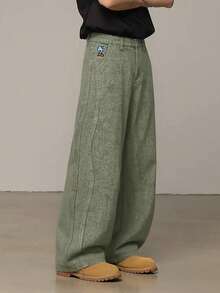 1pc Retro American Style Men's Loose Fit Wide Leg Brown Jeans, Cartoon Elephant Embroidery, Unisex (Belt And Accessories Not Included) - Army Green - View 4